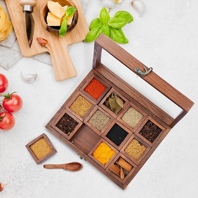 Ajuny Wooden Spice Box - Masala Dabba Organizer with Glass Lid on Top, 12 Removable Compartments and 1 Designer Spoon Spice Storage Container, Ideal for Seasonings & Herbs Best Gifts
