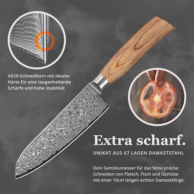 Wakoli EDIB Pro Damascus Santoku Knife – Japanese Style Kitchen Knife | 6.3-Inch Genuine Damascus Steel Blade with VG10 Core | Ergonomic Pakkawood Handle | High Cutting Performance