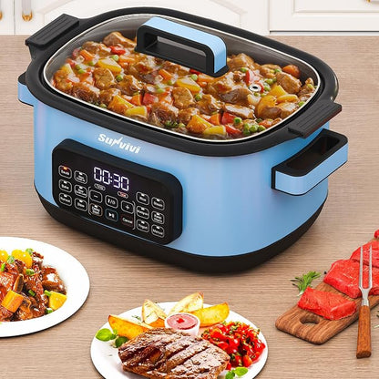 12-in-1 Multicooker, 6.5QT Slow Cooker Roaster Oven, Digital Programmable Multi Functional Pot with Timer Temp Control Delay Start Glass Lid Removable Nonstick Pot, Roast/Steam Rack, Blue