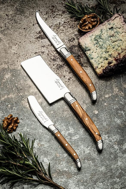 Laguiole Style De Vie Cheese Knives, Luxury Line, Olive Wood, Set of 3 Pieces, Giftbox Included
