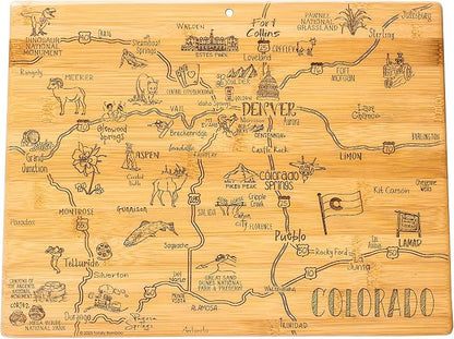 Totally Bamboo Destination Colorado Shaped Cutting Board – Bamboo Charcuterie and Serving Board with Hang Tie for Wall Display