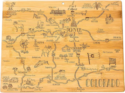 Totally Bamboo Destination Colorado Shaped Cutting Board – Bamboo Charcuterie and Serving Board with Hang Tie for Wall Display