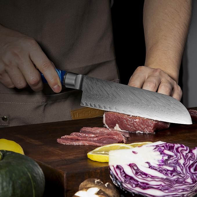 Real Damascus Steel Santouku Knife VG-10 Core Japanese Steel Kitchen Knives for Meat & Vegetable, Cooking Cutlery with Sheath