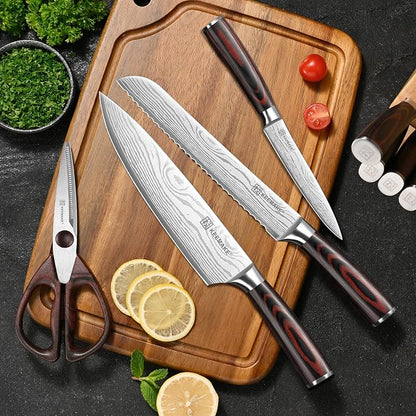 KEEMAKE 14-Piece Knife Set with Block,Ultra Sharp Knife Block Set High Carbon Stainless Steel Kitchen Knife Set Professional Chef Knife Set with Ergonomic Pakkawood Handle and Sharpener