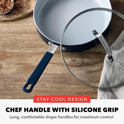 GreenPan x Bobby Flay 4.5QT Nonstick Saute Pan with Glass Lid, PFAS-Free Diamond Ceramic, Induction Suitable, Stay-Cool Silicone Handle, Easy Clean Dishwasher & Oven Safe, Navy Blue