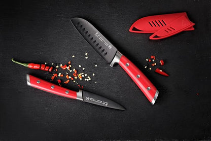 Cangshan S+ Series 1022131 German Steel Forged 2-Piece Titanium Coated Santoku Starter Knife Set with Sheaths, Jupiter Red