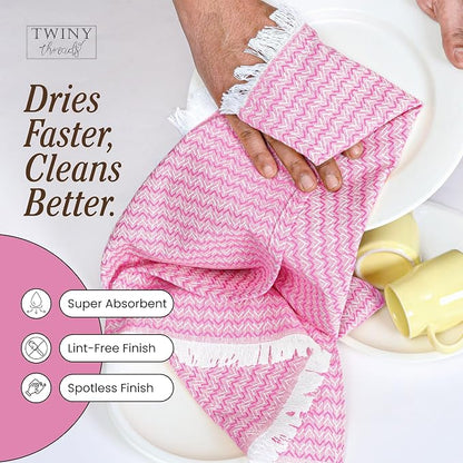 TWINY threads Dish Towel Chevron Weave, Premium 100% Cotton Kitchen Linen Set, Large Dish Rags and Wash Rags, Absorbent Quick Drying, Washable Reusable Dishcloth Set, 12 Pack, 16"x26", Rose Pink