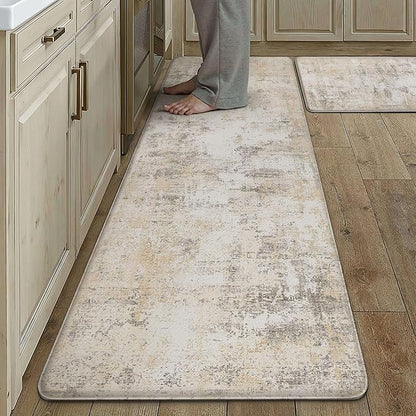 Kitchen Mats for Floor Set of 2 Anti Fatigue Waterproof Kitchen Rug Beige Grey Abstract Cushioned Non-Slip Kitchen Mats Comfort Standing Neutral Mat for Sink Laundry Office 17.3"×59"+17.3"×30"