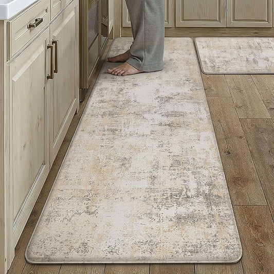 Kitchen Mats for Floor Set of 2 Anti Fatigue Waterproof Kitchen Rug Beige Grey Abstract Cushioned Non-Slip Kitchen Mats Comfort Standing Neutral Mat for Sink Laundry Office 17.3"×59"+17.3"×30"