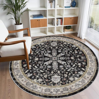 6ft Round Kitchen Rug Washable - Non-Slip Soft Low Pile Circle Area Rug for Under Table Living Room Dining Room Bedroom – Boho Floral Circular Floor Indoor Carpe (Black,6x6)