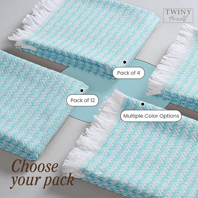 TWINY threads Dish Towel Chevron Weave, 4 Pack, Premium 100% Cotton Kitchen Linen Set, Large Dish Rags and Wash Rags, Absorbent Quick Drying, Machine Washable Dishcloth Set, 16"x26", Aqua Blue