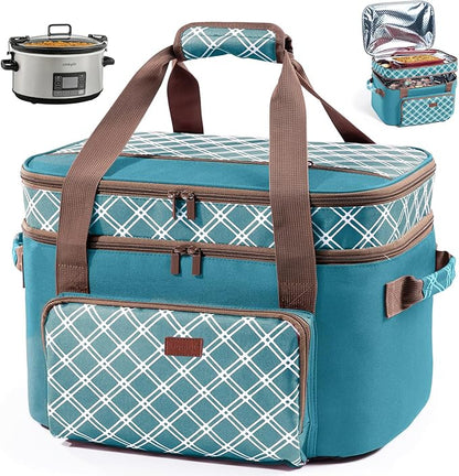 Double Layer Slow Cooker Carrier Bag – Fits 6–8 Qt Oval Slow Cooker Compatible with CrockPot & Hamilton Beach | Insulated Travel Tote with Utensil Storage & Adjustable Straps