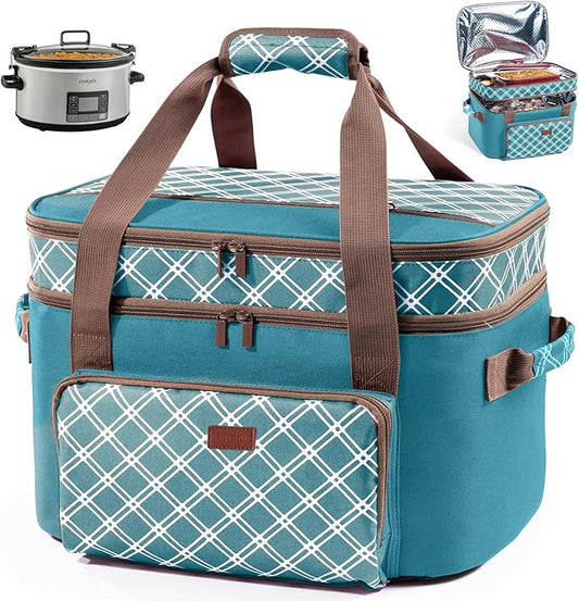 Double Layer Slow Cooker Carrier Bag – Fits 6–8 Qt Oval Slow Cooker Compatible with CrockPot & Hamilton Beach | Insulated Travel Tote with Utensil Storage & Adjustable Straps