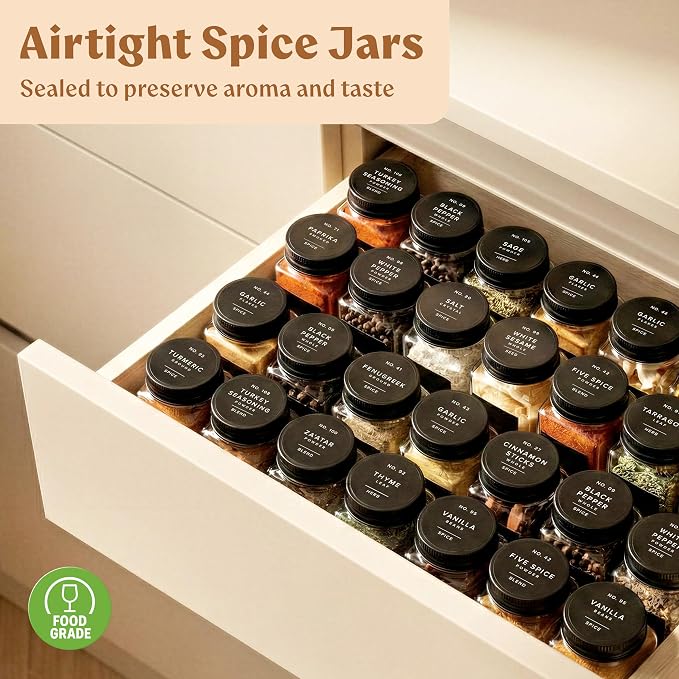 EDELHAUS Glass Spice Jars with Label and Black Aluminium Lids (24 x 4oz) Spice Containers with 240 Labels, Shaker Inserts, Steel Funnel, Empty Square Seasoning Organizer (Black Aluminium Lid)