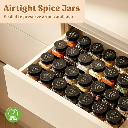 EDELHAUS Glass Spice Jars with Label and Black Aluminium Lids (24 x 4oz) Spice Containers with 240 Labels, Shaker Inserts, Steel Funnel, Empty Square Seasoning Organizer (Black Aluminium Lid)