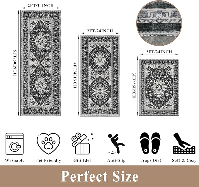 3-Piece Non-Slip Machine Washable Kitchen Rug Set with Runner – Soft Low Pile Thin Boho Kitchen Rugs for Hardwood Floor, Sink & Entryway, Pet-Friendly (Dark Grey, 2x3,2x4,2x5)