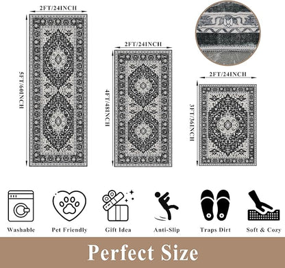 3-Piece Non-Slip Machine Washable Kitchen Rug Set with Runner – Soft Low Pile Thin Boho Kitchen Rugs for Hardwood Floor, Sink & Entryway, Pet-Friendly (Dark Grey, 2x3,2x4,2x5)