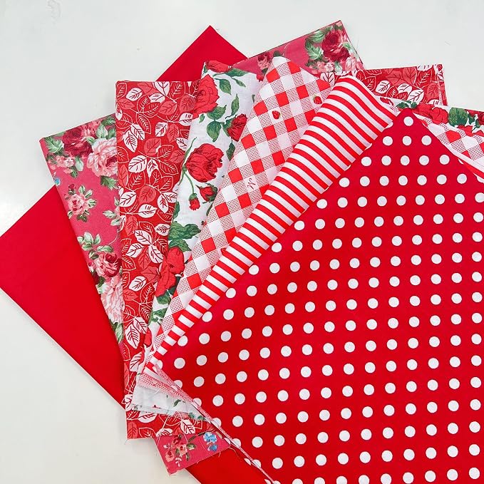 7Pcs 20" x 20" Cotton Fabric DIY Making Supplies Quilting Patchwork Fabric Fat Quarter Bundles DIY for Quilting Cotton Patchwork Cushions (Red, 20 x 20 inches)