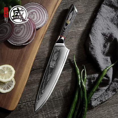MITSUMOTO SAKARI 8 Inch Japanese Chef Knife, AUS-10 Japanese Gyuto High Carbon Steel Core Gyuto Knife, Hand Forged Professional Kitchen Knife, Sandalwood Box for Family & Restaurant