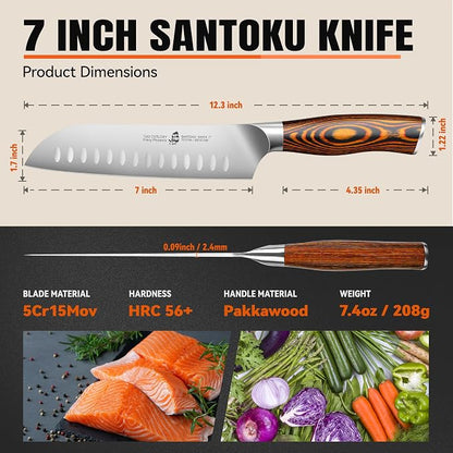 TUO Santoku Knife, 7 inch Japanese Chef Knife for Vegetable Chopping & Meat Dicing, High Carbon German Steel, Ergonomic Handle - Fiery Phoenix Series
