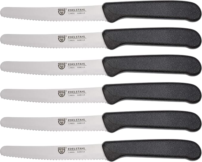 GRÄWE table knives 6 pieces, knife set for cutting, pack of 6 bread knives, breakfast knives with serrated edge on one side, knife 21 cm - Black
