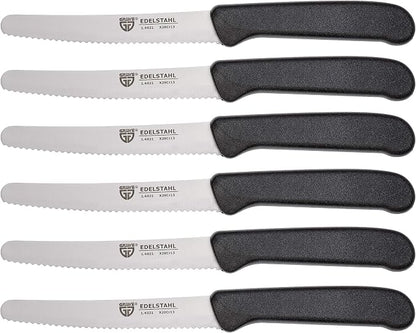 GRÄWE table knives 6 pieces, knife set for cutting, pack of 6 bread knives, breakfast knives with serrated edge on one side, knife 21 cm - Black