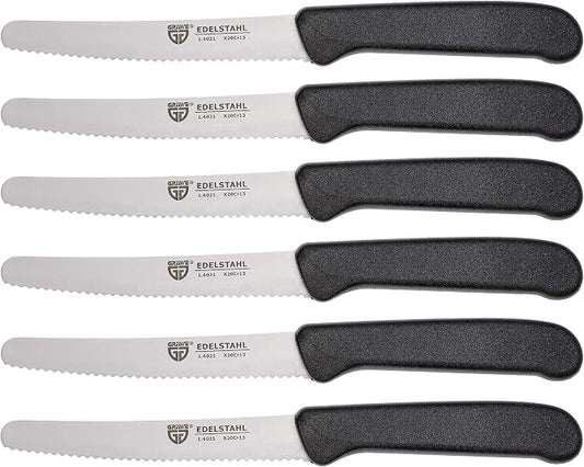 GRÄWE table knives 6 pieces, knife set for cutting, pack of 6 bread knives, breakfast knives with serrated edge on one side, knife 21 cm - Black
