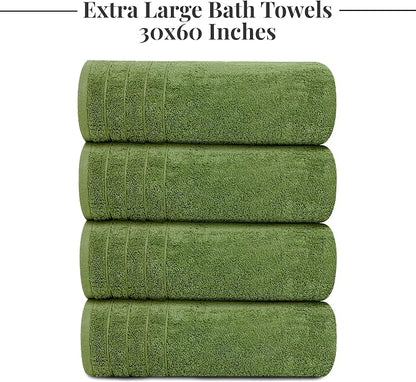 Tens Towels Pack of 4 Extra Large Bath Towels 30 x 60 Inches, 100% Cotton, Larger & Lighter Weight, Quicker to Dry, Super Soft and Absorbent, Perfect for Bathroom, Green