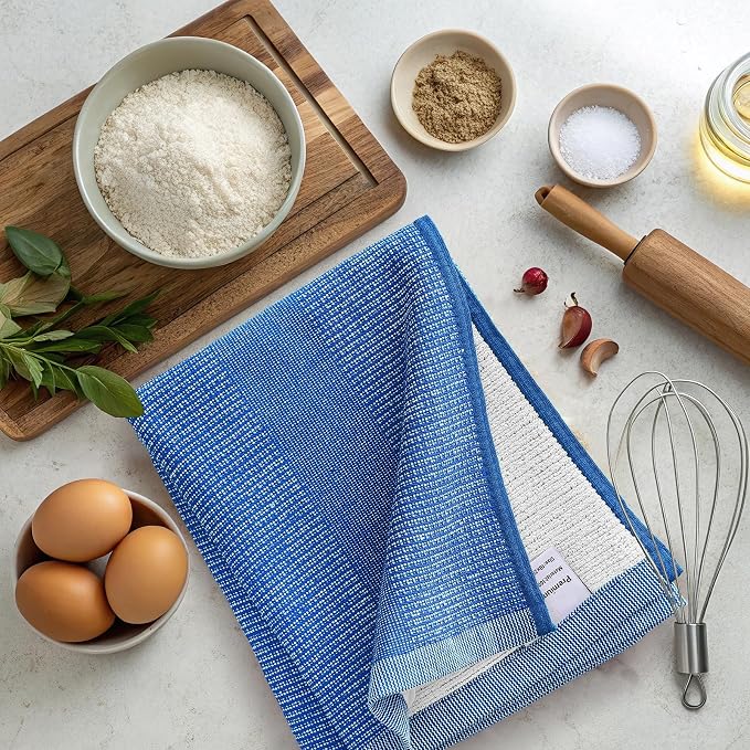 Mordimy Premium Kitchen Towels 8 Pack (18 x 28 Inches, Blueberry), Large Cotton Kitchen Hand Towel, Flat & Terry Dish Towels for Drying Dishes, Super Absorbent Tea Dishtowels Set with Hanging Loop