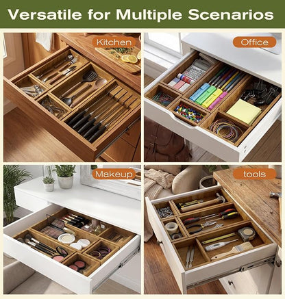 KOCWELL Bamboo Silverware Drawer Organizer with Knife Block, 5 Removable Drawer Organizer Bins - Multi-Use for Kitchen Utensils, Office, Makeup, Tools Storage