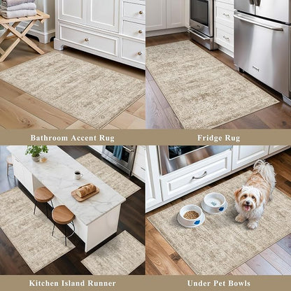 Kitchen Rugs Sets of 3,Washable Non-Slip Kitchen Mats for Hardwood Floor, Boho Farmhouse Kitchen Runner Rug for Sink,Entryway & Hallway & Bathroom (Beige Brown, 2x3+2x4+2x5)