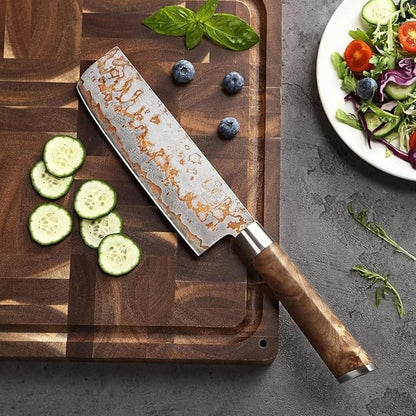 zayiko Damascus Nakiri Knife 6.7 Inch, VG10 Core Vegetable Knife for Chopping, Slicing & Dicing, 67-Layer Copper Damascus Steel, Maple Root Wood Handle, Wooden Gift Box