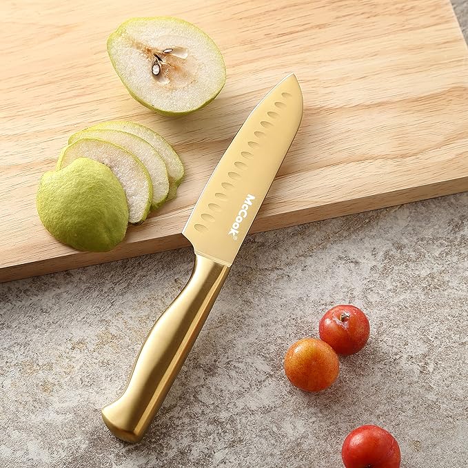 McCook® Kitchen Knife Sets, Golden Titanium Stainless Steel Knives Block Set with Built-in Sharpener, 20 Piece Knives, Restaurant Grade Sharp, Elegant Gold & Stylish Wooden Block for Modern Culinary