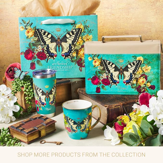 Christian Art Gifts Stainless Steel Double Wall Vacuum Insulated Tumbler 18 oz Butterfly Teal BPA-free Travel Mug with Retractable Lid Inspirational Bible Verse for Women - Hope -Isaiah 40:31