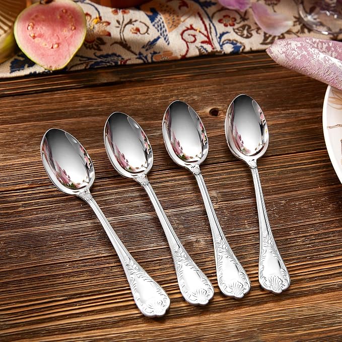 KEAWELL Premium Regalia 4-Piece Spoon Set 6.6-Inch – Ornate 18/10 Stainless Steel Silverware with European Luxury Handles, Dishwasher Safe for Elegant Dining (Silver, Teaspoons)
