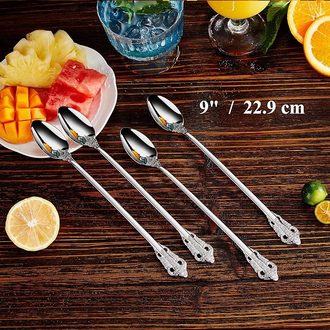 KEAWELL Luxurious 9 Inch Long Iced Tea Spoon Set - 4 Pieces - Gorgeous Design with Exceptional Mirror Polished Finish - 18/10 Stainless Steel- Perfect for Tall Glasses, Cocktails (Silver)