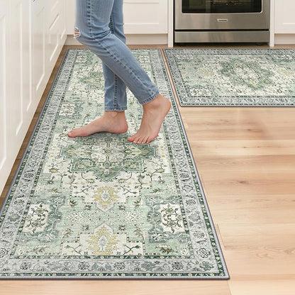 GENIMO Kitchen Rugs Non Slip Washable, 2PCS Kitchen Mats for Floor, Cushioned Standing Mat, Kitchen Runner Rug Floor Mat for Kitchen Decor, Laundry, Sink, Entryway, Home, 20"x32"+20"x59", Light Green