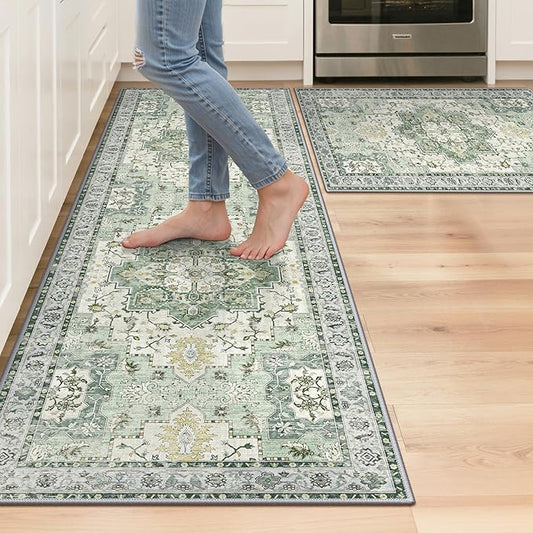 GENIMO Kitchen Rugs Non Slip Washable, 2PCS Kitchen Mats for Floor, Cushioned Standing Mat, Kitchen Runner Rug Floor Mat for Kitchen Decor, Laundry, Sink, Entryway, Home, 20"x32"+20"x59", Light Green