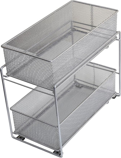 YBM Home Silver 2 Tier Mesh Sliding Spice and Sauces Basket Cabinet Organizer Drawer 2304