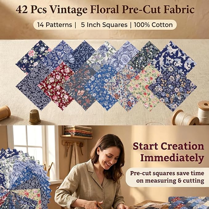 Nodsaw 42Pcs Vintage Floral Print Cotton Fabric Squares 5x5 for Quilting, Sewing, Quilts, Bags, and Crafts, Charm Packs for Quilting 5 inch, Dark Floral Charm Pack Fabric