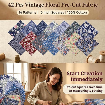 Nodsaw 42Pcs Vintage Floral Print Cotton Fabric Squares 5x5 for Quilting, Sewing, Quilts, Bags, and Crafts, Charm Packs for Quilting 5 inch, Dark Floral Charm Pack Fabric
