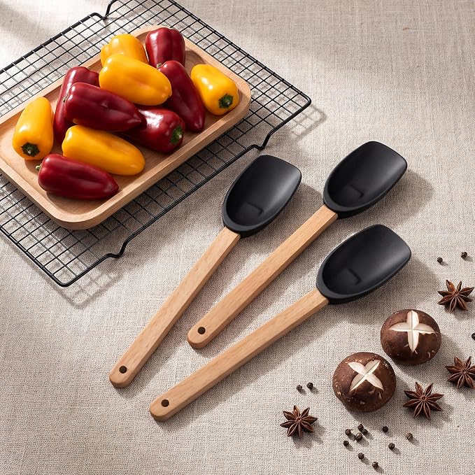 CHENGU 3 Pcs Spoonula Shaped Silicone Spoon with Wooden Handle Holiday Kitchen Utensil Gift Set Black Spoonula Spatula Non-stick Cooking Tools for Mixing Stirring and Baking