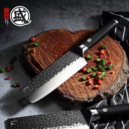 MITSUMOTO SAKARI 7-Inch Japanese Nakiri Knife, SKD-11 Steel | Wide 2mm Nakiri blade for vegetable push cuts, 3-layer SKD-11 steel, textured finish, pakkawood handle
