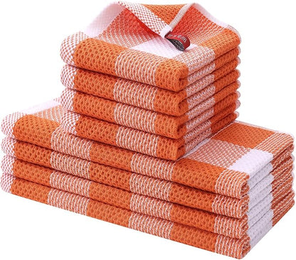 Homaxy Kitchen Towels and Dishcloths Set, 12 x 12 and 13 x 28 Inches, Set of 8 100% Cotton Waffle Weave Check Plaid Kitchen Dish Towels, Super Soft and Absorbent Dish Cloths, White & Orange