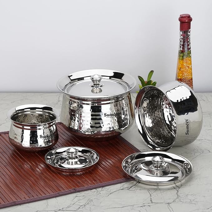 Sumeet Stainless Steel Handcrafted Hammered Texture Handi Set with Lid for Kitchen, Set of 3, 460ml, 950ml & 1700ml, Silver