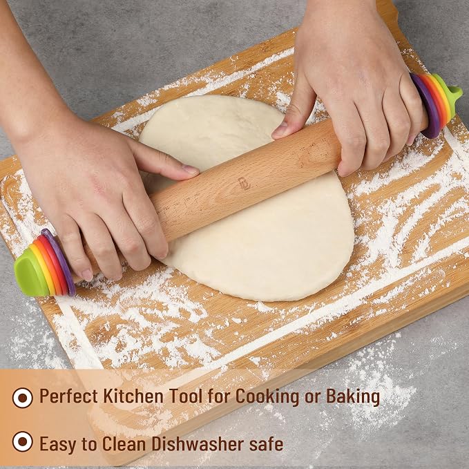 BAMBOO LAND- Adjustable Rolling Pin with Thickness Rings for Baking, 13.8", 4 Colorful Thickness Rings (2-10 mm or 1/16"-3/8"), Wood Rolling Pins for Baking, Bread, Pizza Doughs