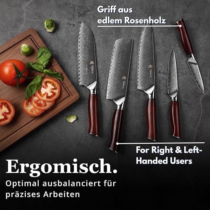 Wakoli Rose Elegance 5-Piece Damascus Knife Block Set, VG10 Core 67-Layer Damascus Steel Kitchen Knives with Magnetic Acacia Wood Block, Ergonomic Rosewood Handles, Gift Box, Hand Wash Only