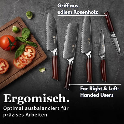 Wakoli Rose Elegance 5-Piece Damascus Knife Block Set, VG10 Core 67-Layer Damascus Steel Kitchen Knives with Magnetic Acacia Wood Block, Ergonomic Rosewood Handles, Gift Box, Hand Wash Only