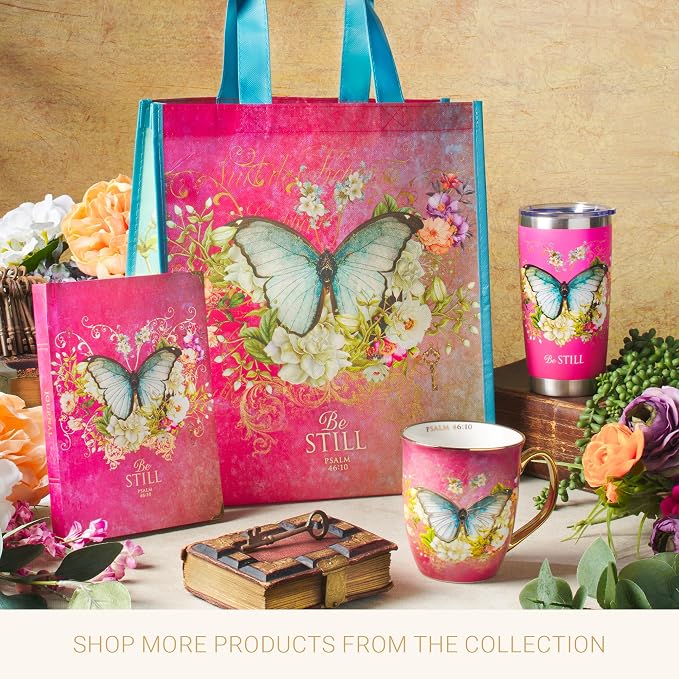 Christian Art Gifts Stainless Steel Double Wall Vacuum Insulated Travel Mug 18 oz Butterfly Pink BPA-free Tumbler with Retractable Lid Inspirational Scripture for Women - Be Still -Psalm 46:10