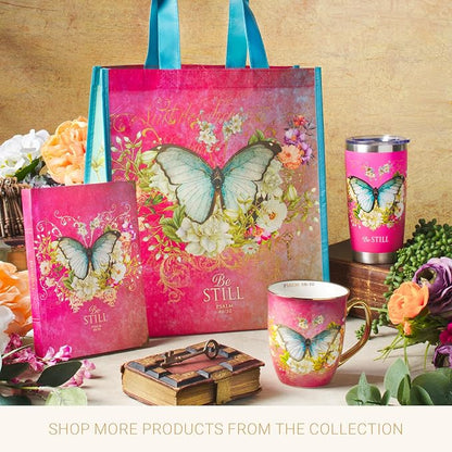 Christian Art Gifts Stainless Steel Double Wall Vacuum Insulated Travel Mug 18 oz Butterfly Pink BPA-free Tumbler with Retractable Lid Inspirational Scripture for Women - Be Still -Psalm 46:10